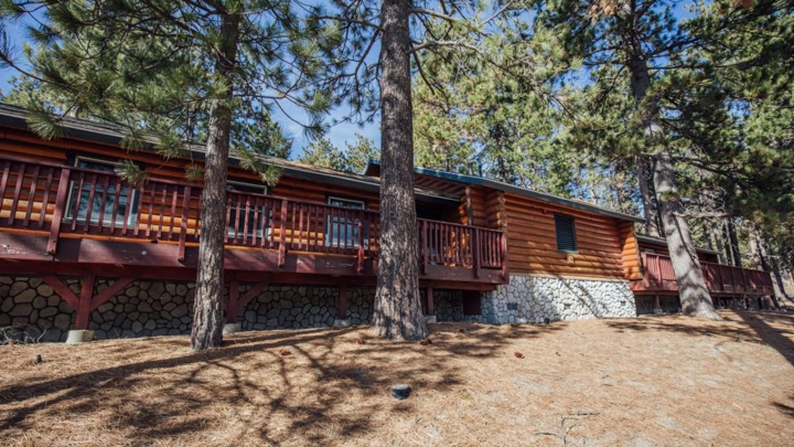 Camp housing buildings among the pines.